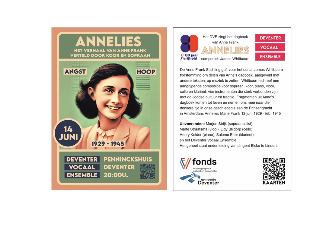 80 jaar bevrijding Het Deventer Vocaal Ensemble zingt het dagboek van Anne Frank